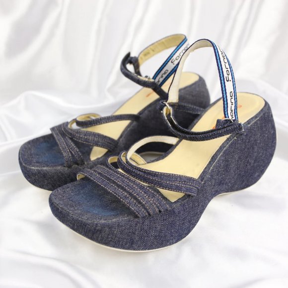 Vintage 90s Fornarina Denim Platform Wedge Sandals - Picture 9 of 9